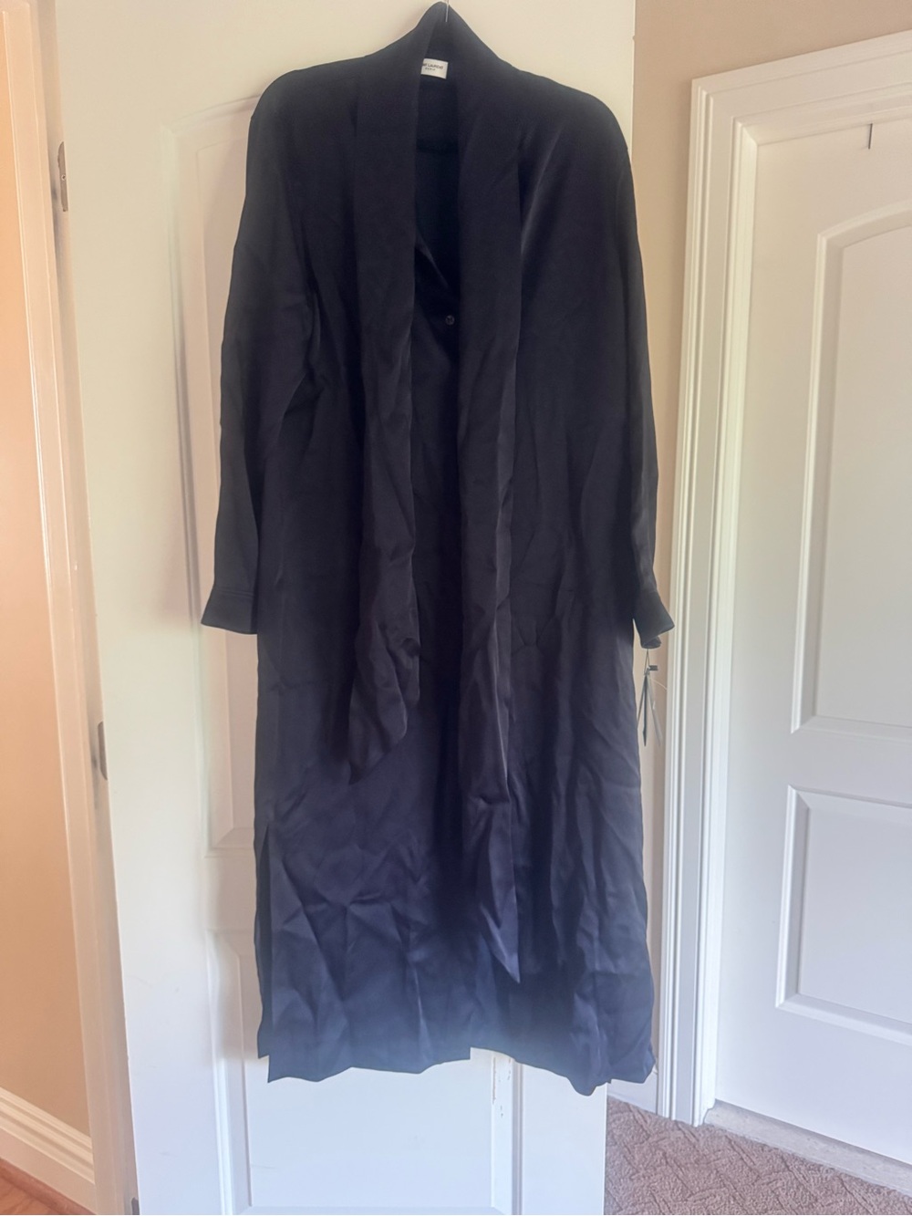 Saint Laurent Paris Deep Navy Blue Satin Shirtdress side slits and neck tie